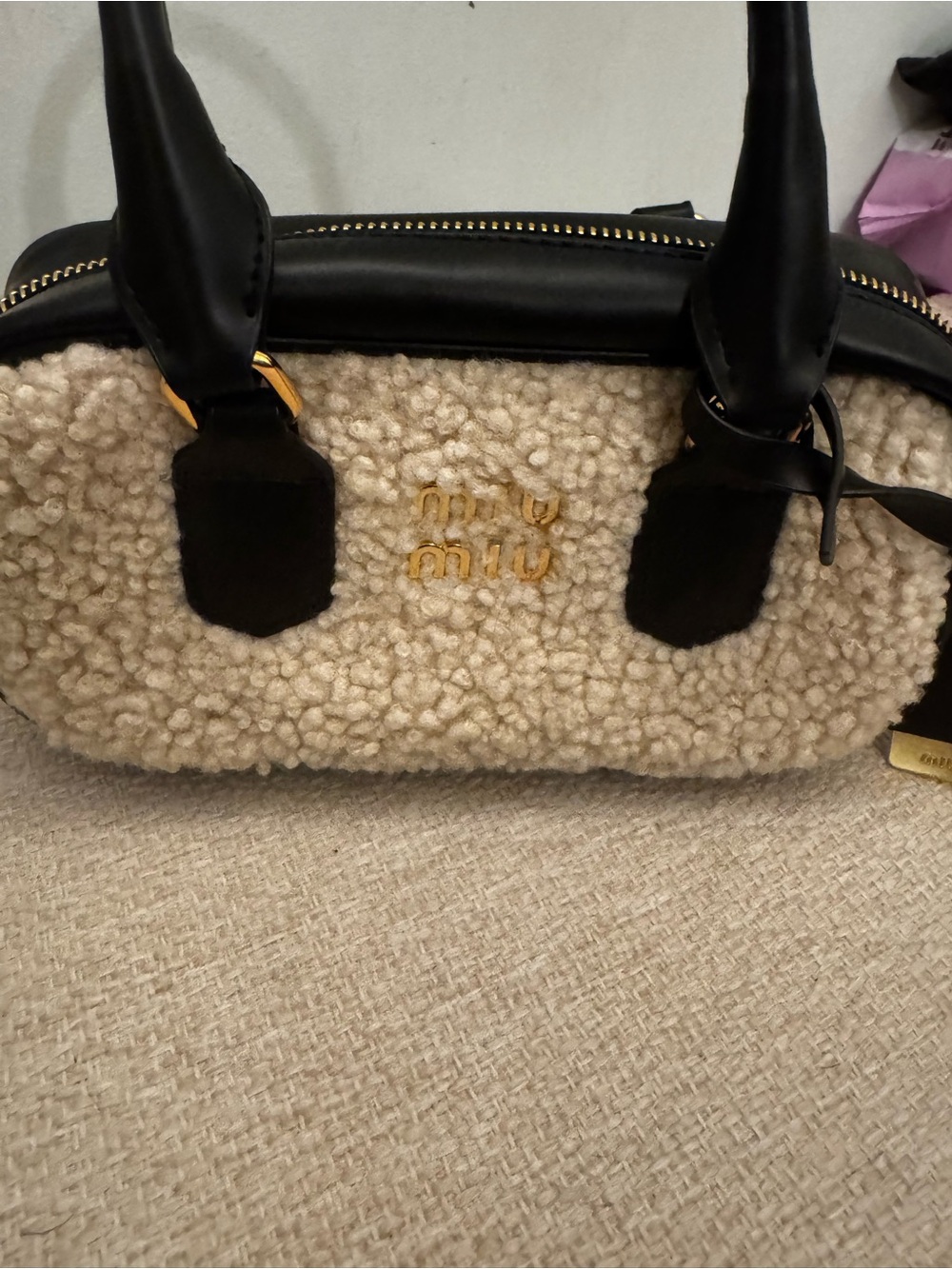 Miu Cream Shearling Satchel with Black Leather Trim and Gold Hardware
